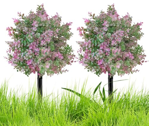 JOYWU 2 Pack Artificial Pink Eucalyptus Topiary Ball Trees with Ground Spikes,45cm UV Resistant Faux Greenery Shrubs with Stakes,Pink Eucalyptus Fake Outdoor Plants for Spring Summer Decor