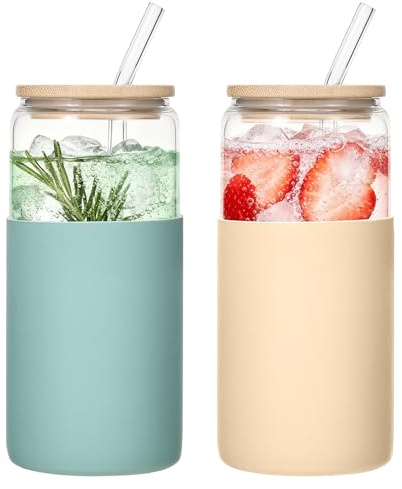 2 Pack Glass Tumbler with Silicone Sleeve & Bamboo Lid, 600ml Unbreakable Reusable Cup with Straw, Non-Slip Grip for Iced Coffee, Smoothies, Perfect for Travel, Office, Home Use