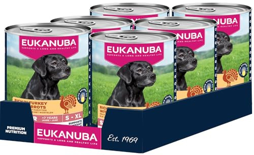EUKANUBA Cibo umido per cani senior con tacchino e carote, cibo umido premium senza cereali per cani anziani, 6 x 400 g lattine