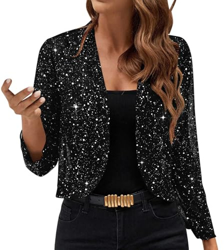 Sequin Cardigans for Women UK Casual Elegant Party Open Front Cardigans Lightweight Jackets Sparkly Long Sleeve Cardigan Coats Outerwear Ladies Shrugs and Boleros for Evening Club Black