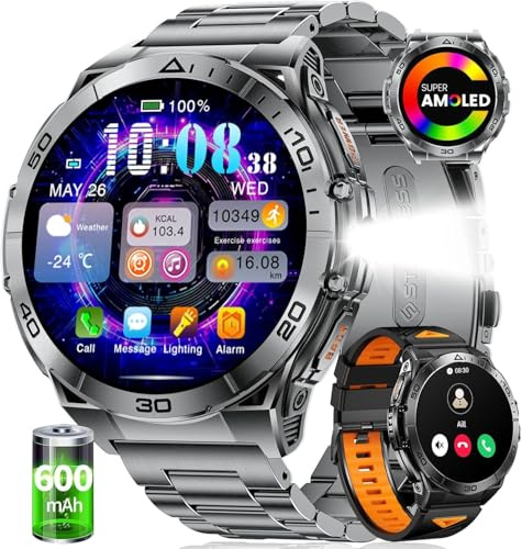HIRREO Smart Watch Men Bluetooth Answer Make Calls 600 mAh Big Battery 1.6 HD AMOLED Round Male Smartwatch for iOS Android Black Orange Flashlight,Heart Rate/Sleep/SpO2 Monitor,100+ Sports Mode
