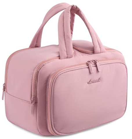 LOVEVOOK Kulturtasche Damen Gross, Leichte Reise Kosmetiktasche Weit Offene Kulturbeutel mit Nassfach, wasserdichte Waschtasche Make up Tasche Schminktasch mit Griff für Reisen Urlaub, Dunkelrosa