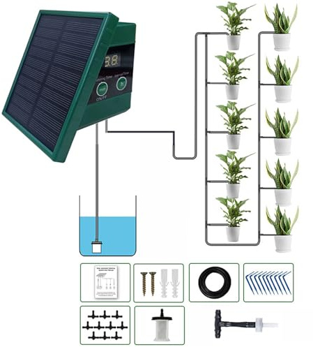 Hztyyier Système d'irrigation Goutte à Goutte Solaire avec Affichage Numérique, Arrosage Automatique pour 10 Plantes en Pot, Kit d'Arrosage à énergie Solaire avec Tuyau de 33 Pieds