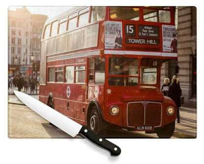 Planche à Découper en Verre Trempé - Bus Rouge à l'Imperiale Double-Decker Vintage Paysage Urbain - Protection Plan de Travail et Dessous de Plat Résistant Chaleur 2 Tailles Imprimé en France