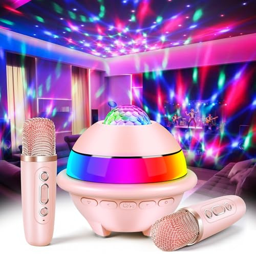 BuntWunder Micro Karaoke Enfant avec Lumineux LED Disco, Enfant Enceinte Karaoké Portable avec 2 Microphone sans Fil Bluetooth, Micro Enfant pour Chanter, Jouet Cadeau Paques Fille (Rose)