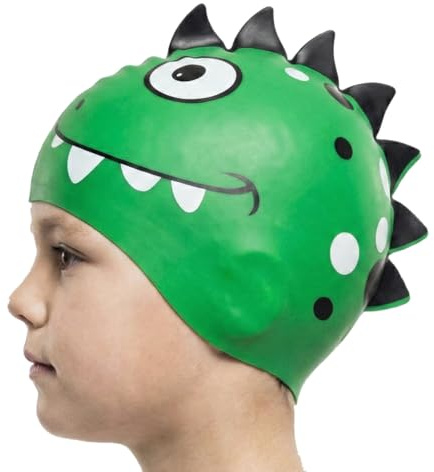 100 % silikon Dino grön simmössa för barn | badmössa | poolmössa | hög komfort och vidhäftning | italiensk design och stil | juniorstorlek (3–9 år) | allergivänlig