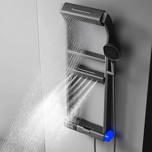Tower Panneau de douche avec mitigeur et étagère, colonne de douche à 6 modes, douche à LED pluie et brume, 12 jets de massage réglables grand angle, combiné et bec de baignoire cascade, aluminium