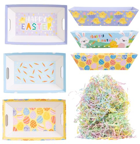 evelay Easter Gift Trays Set of 3 with Pastel Shredding, Happy Easter Hamper Basket Kit, Paper, 24.5cm x 16cm x 6.5cm, Printed Both Sides