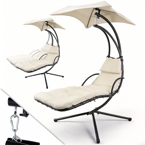 Verdego Schwebeliege mit Sonnendach, Schaukelliege Outdoor, Hängeliege mit Gestell, Polsterauflage, Kopfkissen, bis 120 kg Belastbar, Schwingliege für Garten, Terrasse und Balkon, Beige