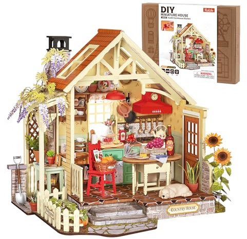Rolife DIY Miniatur Haus Bausatz für Erwachsene, Sonnenlicht Bauernhaus Küche, Cottage Stil Holz Puppenhaus, Modellbausatz mit LED-Leuchten, Geburtstag Weihnachten Geschenk für Frauen