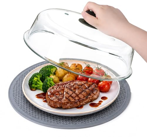 YBCPACK Mikrowellen Abdeckung Glas mit Silikonmatte, Microwave Cover 26,5cm | BPA-freie Abdeckhaube Mikrowelle mit Griff, Mikrowellen Schutzhaube Glas für Lebensmittel (Spülmaschinenfest)
