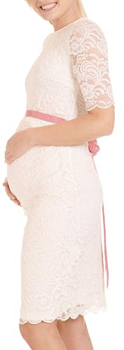 Herzmutter Robe de Grossesse mi-Longueu Dentelle Soirée Mariage pour Femme Enceinte élégant Maternité Festive - 6200 (XS, Blanc crème)
