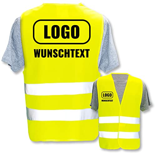 Warnweste selbst gestalten mit eigenem Aufdruck * Bedruckt mit Name Text Bild Logo Firma, Farbe & Größe:Gelb/Größe S (Kinder), Position & Druckart:Rücken + Front/Premium-Druck