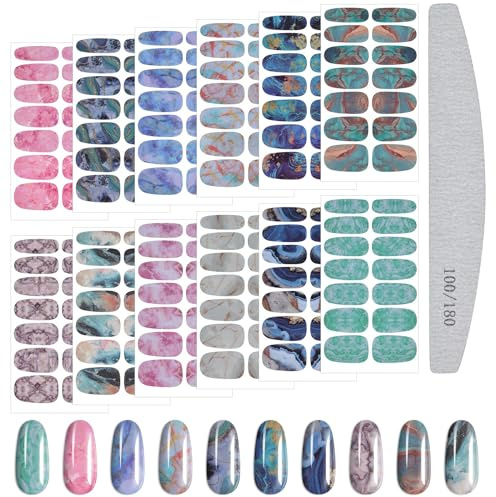 Kalolary 12 Stücke Farbverlauf Marmor Nagellack Aufkleber Selbstklebende Voll Nagel Wickeln Einfarbige Abziehbilder Verpackungen mit Nagelfeile