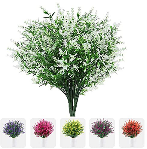 12 Bündel künstliche Blumen künstlicher Lavendel Blume UV-beständige Sträucher Kunststoff Pflanzen für Außen Innen Haus Garten Veranda Hochzeit Party Dekor (weiß)