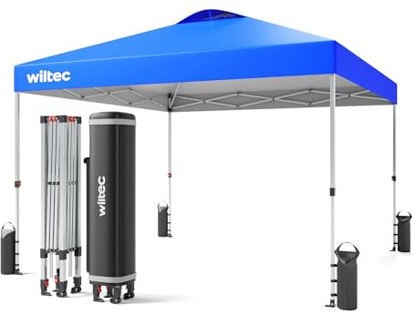 Wiltec Gazebo pieghevole pop-up blu, 3 x 3 m con ruote Tenda per fiere eventi mercati