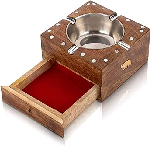 Garden Of Arts Cenicero de madera hecho a mano para fumar cigarrillos para el hogar, sala de estar, único, vintage, decorativo, cuadrado, para interiores y exteriores, cenicero, mesa de oficina para