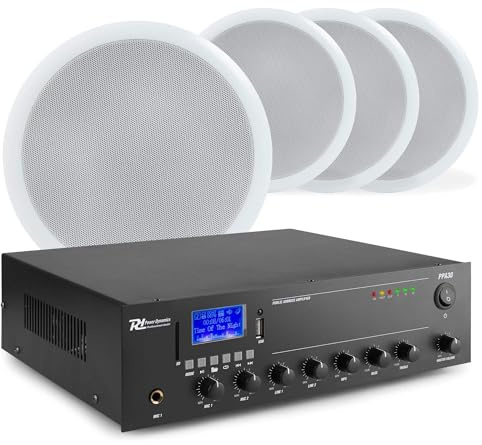 Power Dynamics PPA30-100V Bluetooth Verstärker Set, 4X Deckenlautsprecher Weiß, 30 Watt, USB MP3-Player, inkl. 50m Lautsprecherkabel - Soundsystem für Wohnraum, Büro, Gastronomie - 165mm x 77mm