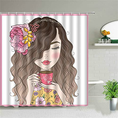Duschvorhang für Eckdusche und Kleine Badewanne, Bad vorhang Textil aus Polyester Stoff Schimmelresistent Wasserabweisend und Waschbar, Schönes Mädchen300x180cmmit Duschvorhangringen Shower Curtains