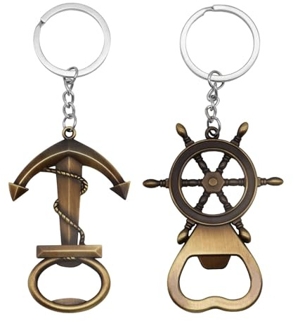 IOPJLK 2 Stück Flaschenöffner Schlüsselanhänger, Vintage Marine Design Anker Schiffslenker, Bronzefarbenes Metall Bieröffner Schlüsselring, Geschenk für Segler Polizisten Feuerwehrleute