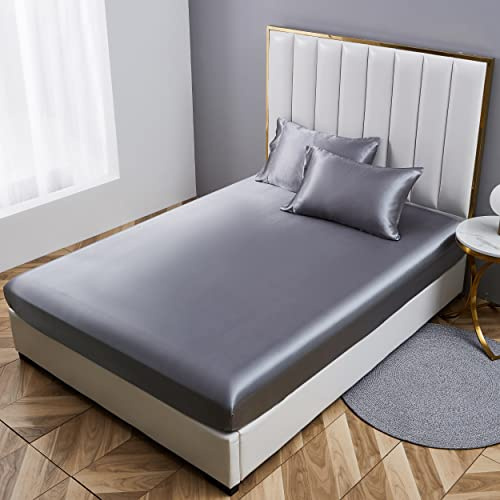 Damier Spannbettlaken 100x200cm Grau Dunkelgrau Anthrazit Satin Seide Glänzend Bettlaken Hochwertiges Deluxe Unifarben Spannbetttuch, Geeignet für Matratzen bis 30cm