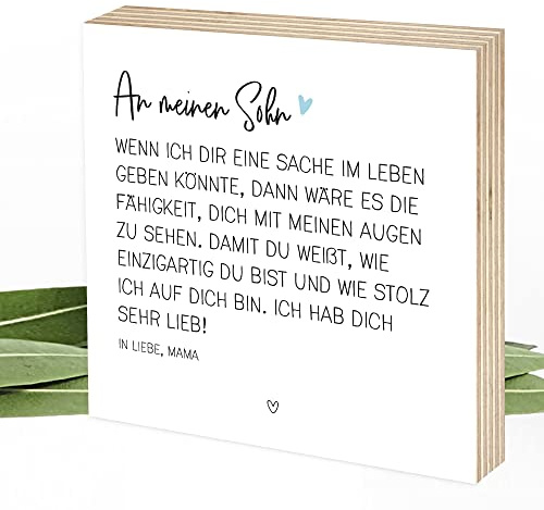 Wunderpixel® Holzbild Du bist einzigartig - Geschenk-Idee von Mama für Sohn - persönliche Worte - Aufsteller & Wand-Deko zum Auszug, 18. Geburtstag, Abitur, Studium – 15x15x2cm - personalisierbar