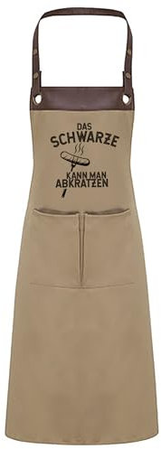 GRILL SAISON 2025 | Grillschürze mit Kunstleder Applikation | Geschenk Idee für Barbecue Fan und Meister am Grill | Unisize für Frau und Mann (Khaki / Braun, Das Schwarze kann man abkratzen)