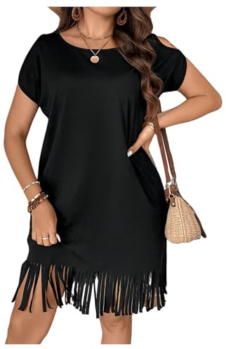 WDIRARA Women's Plus Size Round Neck Short Sleeve Fringe Hem Dress Casual Dresses Black 0XL