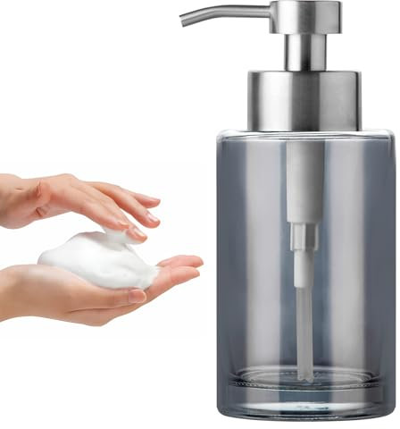Enra Foaming Soap Dispenser, 12oz Thick Glass Body with Stainless Steel Pump, Bathroom & Kitchen (Silver Foam Dispenser)