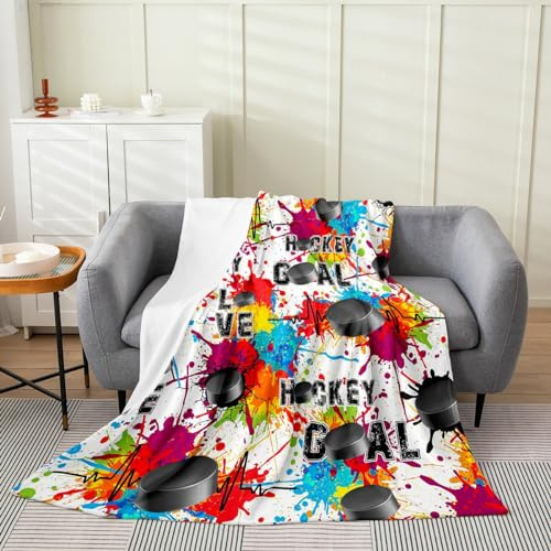 Erosebridal Ice Hockey Decor Fleece Blanket, Puck Sports Throw Blanket Tie Dye Rainbow Blanket 40x50 Inch, Watercolor Ice Hockey Lightweight Bed Blanket, Colorful