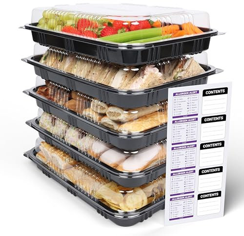 Reusable Sandwich & Serving Platter Trays with Clear Lids – Pack of 5 Catering Food Platters with Dividers & Labels for Parties, Buffets, Events & Meal Prep – 33.5 × 24 × 7 cm