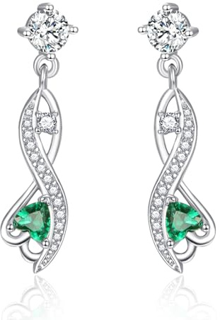 KINGWHYTE Boucles d'oreilles en argent sterling 925 avec pierre de naissance émeraude pour femme - Boucles d'oreilles pendantes en forme de cœur - Bijoux verts - Pierre de naissance - Cadeaux,