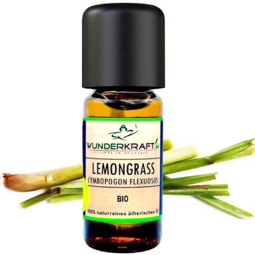 BIO Lemongrassöl, Citronella, Zitronengrasöl - 100% naturreines ätherisches bio Öl von WUNDERKRAFT.BIO, Aromatherapie & Diffuser geeignet, ideal bei Mücken, 10ml Aromaöl, Duftöl