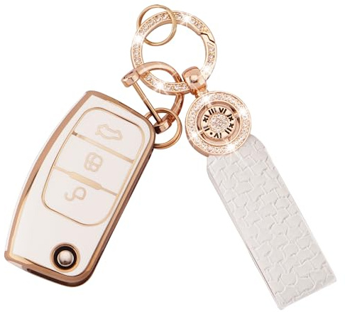 Autoschlüssel Hülle für Ford Zubehör 3 Tasten TPU Schlüsselhülle | für Ford Focus Fiesta Galaxy Kuga C-Max S-Max Mondeo MK4 Auto Schlüsselcover Schlüssel Hülle mit Schlüsselanhänger Weißgold