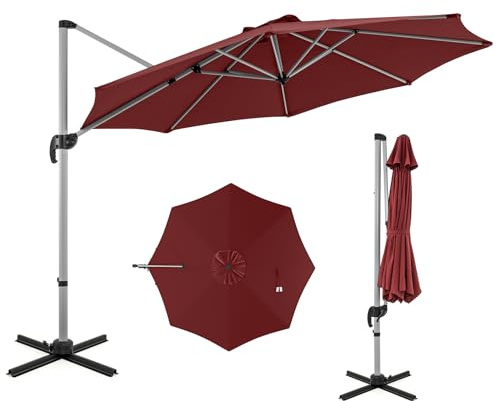 COSTWAY 3M/3.3M Garden Cantilever Parasol, Outdoor Offset Banana Hanging Umbrella with 360° Rotation and Cross-shaped Base, Sun Shade Canopy for Patio Backyard Poolside (325 x 325 x 261cm, Red)
