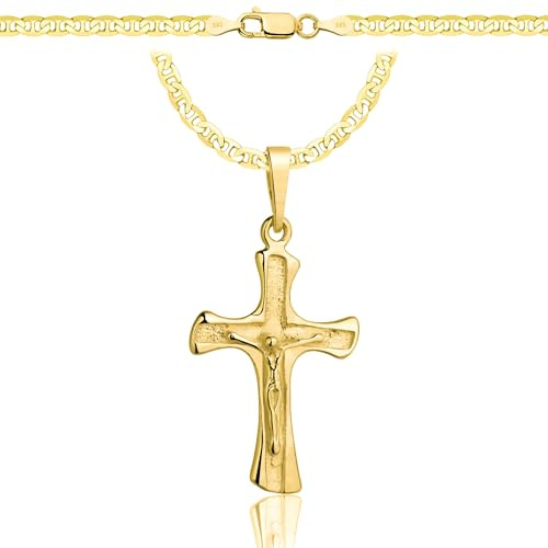AMAR PRAGNA Gold Damen/Herren Kette mit einem 925/585 Kreuz, original geflochten, Breite 3,8 mm, Goldkette- Halskette, kreuz kette gold 585