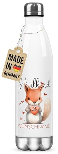 Print Royal PR Personalisierte Trinkflasche zur Einschulung - Schulkind Eichhörnchen - mit Name & Jahr selbst gestalten - Einschulungsgeschenke | Edelstahl Thermosflasche Weiß, 750 ml