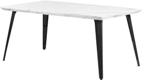 FurnitureR 150CM Dining Table Rectangular for 4-6 Person with Marble Print Wooden Table Top and Metal Steel Legs, 150x80x74cm, Marble White