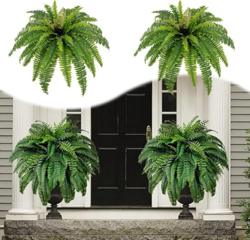 JOYWU Artificial Boston Ferns,UV Resistant Faux Boston Ferns for Outdoor,Faux Boston Fern Bush,Large Fake Ferns Shrubs,Large Hanging Greenery Plant for Home Garden Porch Decoration (2 Pc-38 Leaves)