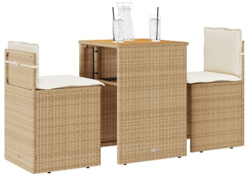 Homgoday Bistro-Set 3-teilig mit beigefarbenen Kissen aus Polyrattan, Gartenmöbel, Tisch und Gartenstühle Outdoor Set Tipo4003877
