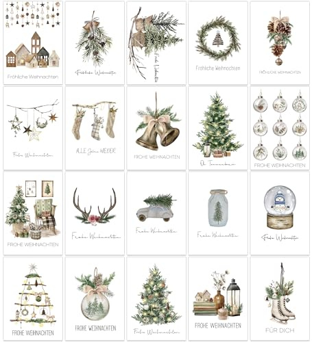 SILARLAIT Weihnachtskarten mit Umschlag Set auf Deutsch im Schuber, 20 Stück A6 Weihnachtsklappkarten Set mit weihnachtlichen Motiven, Boho Weihnachtsgrußkarten Basteln Weihnachtendeko