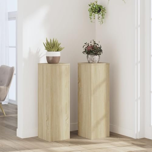 Makastle Blumenhocker 2er Set, Indoor Blumenständer Pflanzenständer Pflanzenstand Pflanztisch Deko Tisch Blumenregal Blumentopfständer Pflanzenregal, Sonoma-Eiche 25x25x80 cm Holzwerkstoff