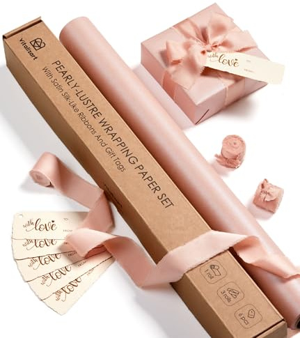 Vitalizart 43cm*5m Pink Gift Wrapping Paper Set, Pearly-Lustre With Pink Silky Satin Ribbon & Gift Tags Recyclable, Wrapping Paper Roll for Christmas Birthday Wedding Gift & Handmade Crafts