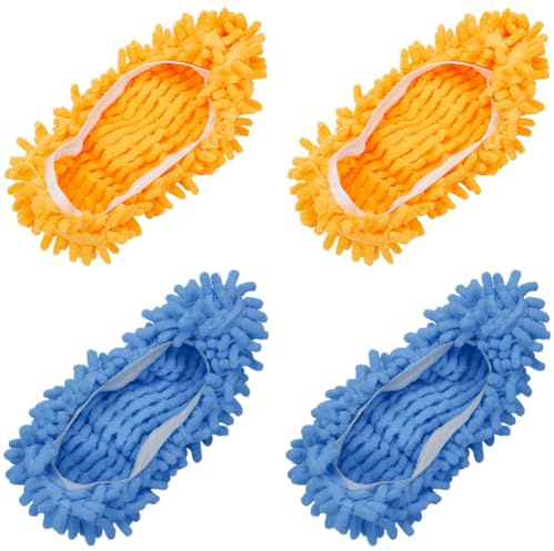 CREATCABIN 4 Zapatillas mopa Funda para Zapatos, Mopa para Polvo, Zapatillas, Color Naranja Y Azul, Herramientas de Limpieza de Suelo, Funda para Zapatos, Lavable, Reutilizable, de Microfibra