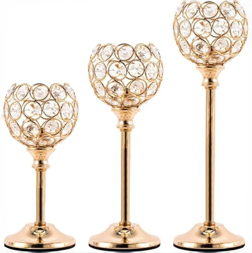 VINCIGANT 3er Set Kerzenständer Gold, Kristall Teelichthalter für Hochzeit Tischschmuck, Wohnzimmer, Kamin, Esstisch Deko, Geschenk für die Feiertage (17cm/22cm/27cm)