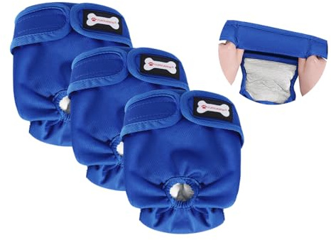 Windeln für Hündinnen, wiederverwendbare Windeln für Hündinnen bei Hitze, hochsaugfähige Hundewindeln für Hündinnen bei Inkontinenz mit verstellbaren Druckknöpfen, Blau, XS, 3 Stück, 3 Stück