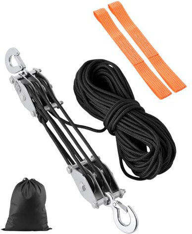 VEVOR 4400 lbs Breaking Strength 100 FT Rope Pulley Hoist, 5:1 Lifting Power Heavy Duty Pulley System with 2pcs Soft Loops, Metal Wheels Bearing Structure, Block and Tackle for Lifting Heavy Objects