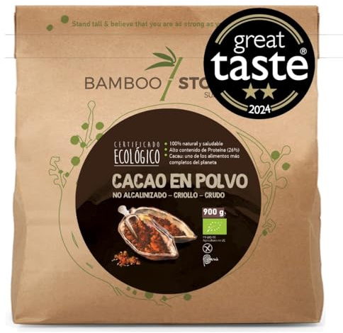 100% CRUDO | NUOVO | Cacao Polvere | BAMBOO STORY | Biologico | 100% Perù | Creolo Premium | Great Taste Award | Non Alcalinizzato | 900g | Puro | Senza Zucchero | Grasso 18%