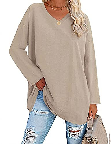 Famulily Women's Basic Long Sleeve Cotton T Shirts Solid Color Comfy V Neck Loose Tunic Tee Shirts Tops