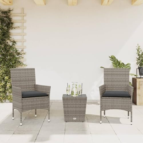 Brokky 3-TLG. Bistro-Set mit Kissen Sitzgruppe Balkon BalkonmöBel Balkontisch Set BistromöBel Grau Poly Rattan und Glas / 3278742